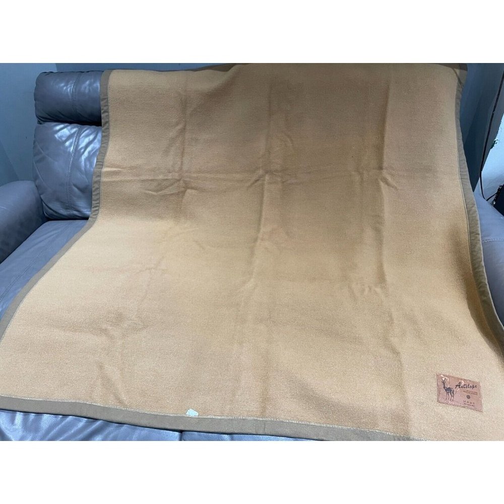 Vintage Antelope Woollen Wool Blanket 81" x 59" tan brown mothproof